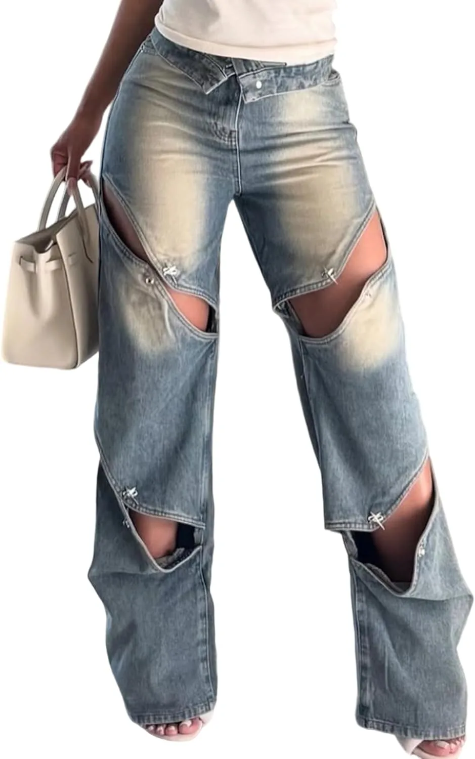 

Женские джинсы Wide Leg Baggy High Waisted с потертостями и прорезями Symina