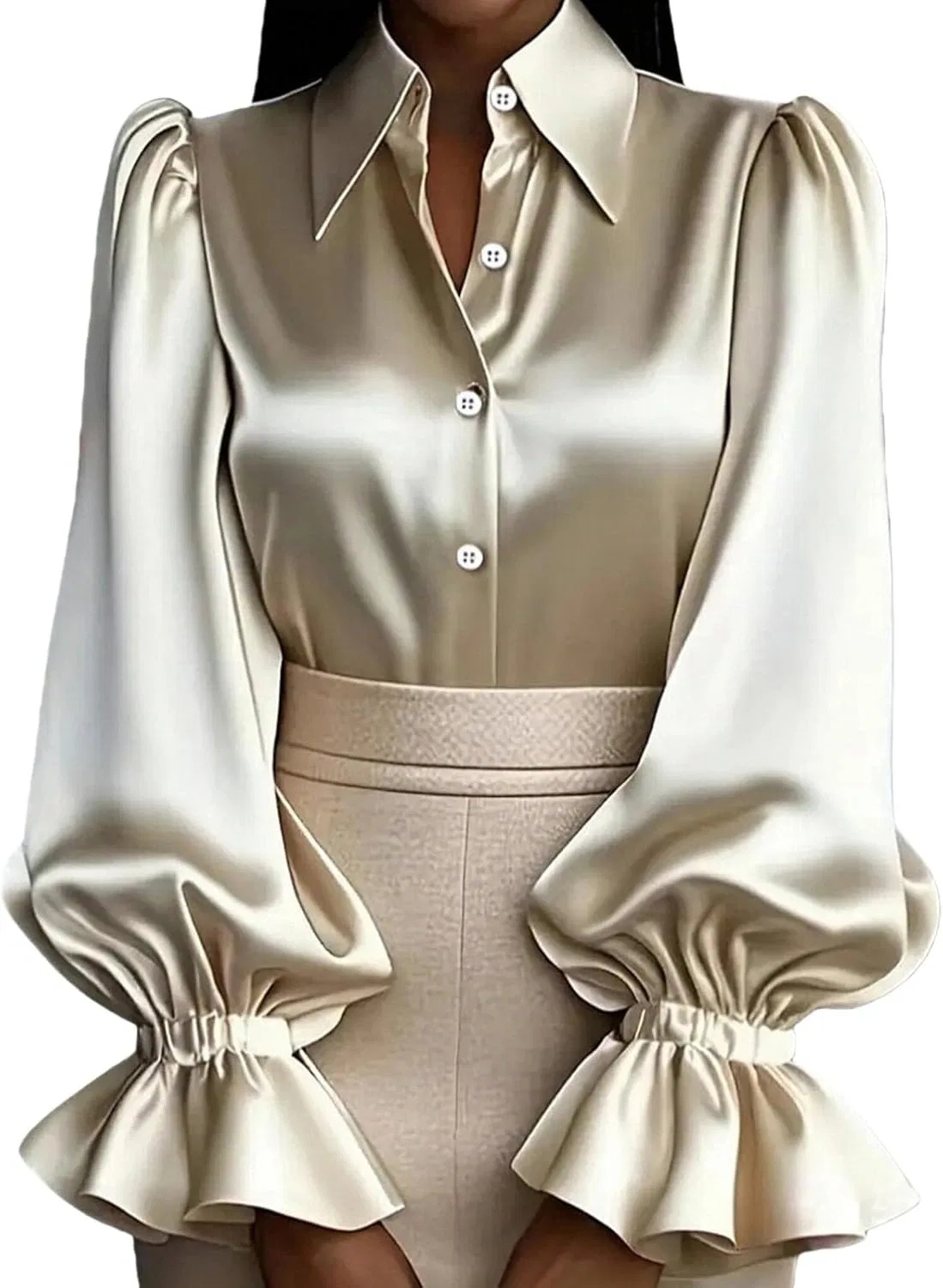Блуза сатиновая с пуговицами, длинный рукав, бежевая