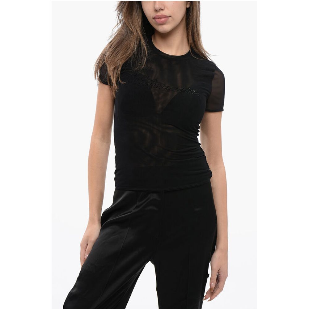 

Футболка из тюля с логотипом из стразов Blumarine, Black