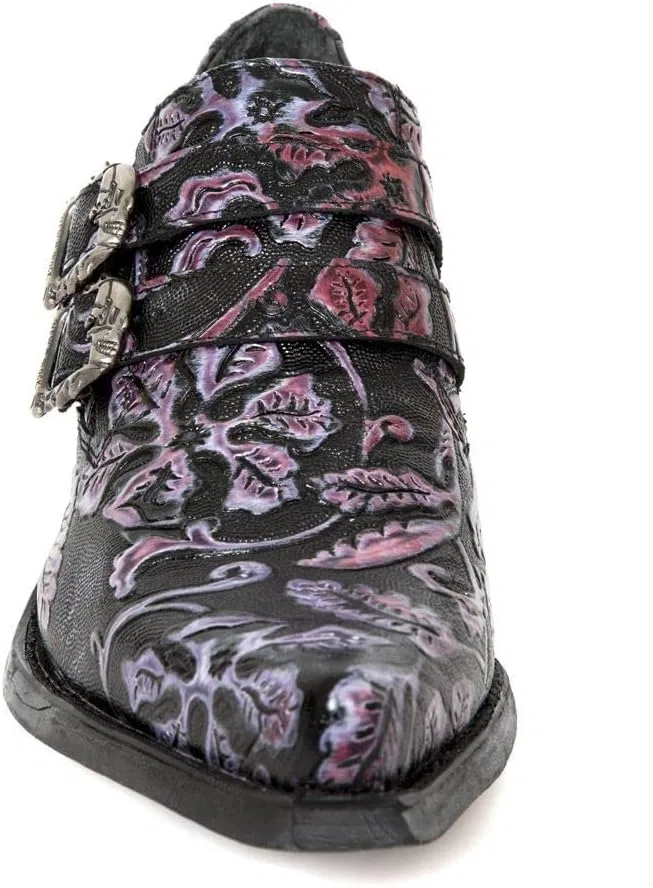 New Rock 7960-S8 Кожаные ботинки, черные, винтажный дизайн, металлический каблук и пряжка — фото 3