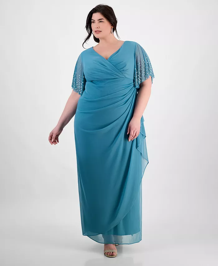 

Платье из шифона с драпировкой и декорированными рукавами Plus Size Alex Evenings, синий
