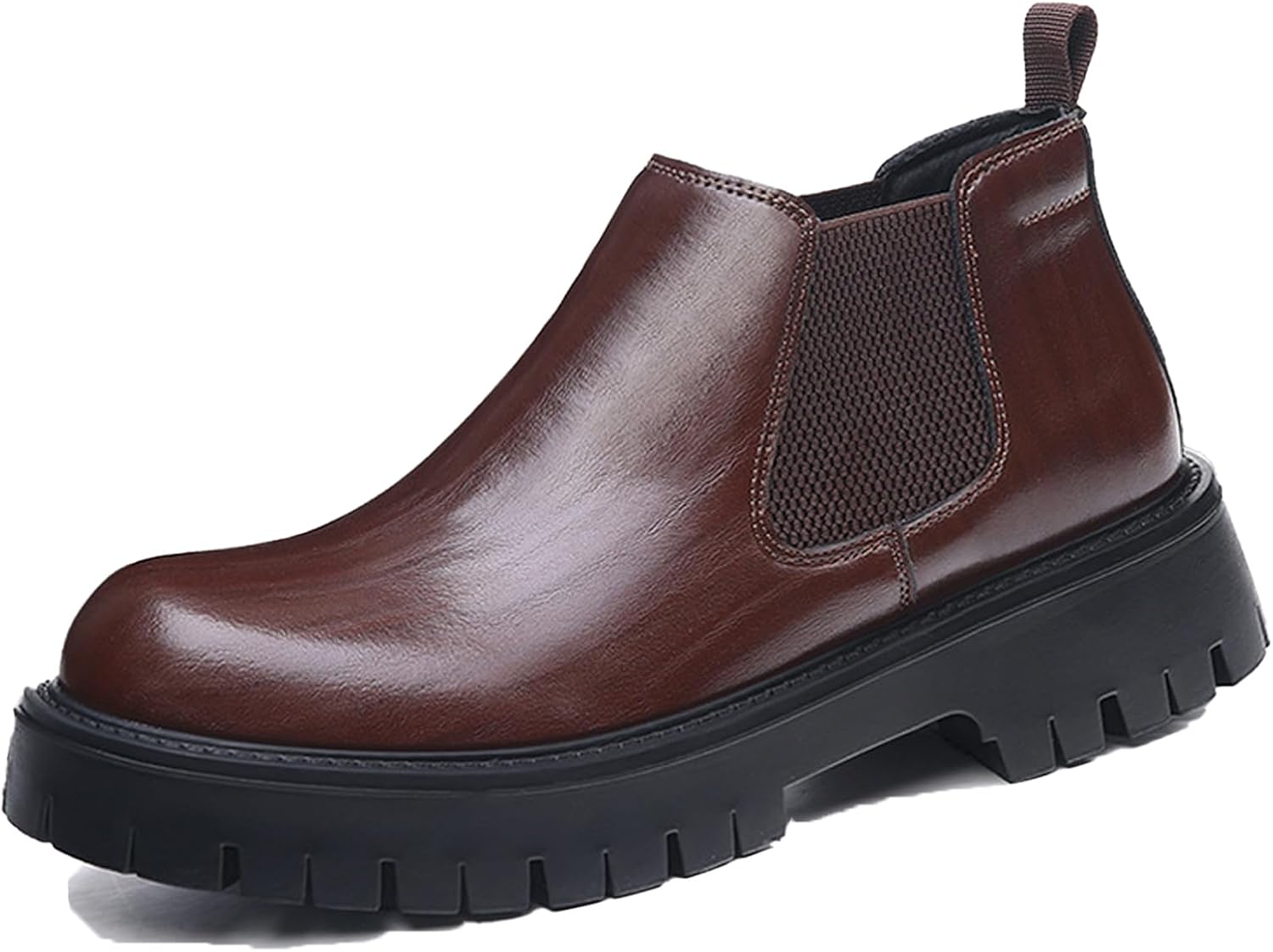 

Мужские ботинки-челси на платформе из натуральной кожи, классический круглый носок, противоскользящие, без застежки, для деловых встреч, свадеб, повседневной носки, ретро Стиль Ghibhna, коричневый