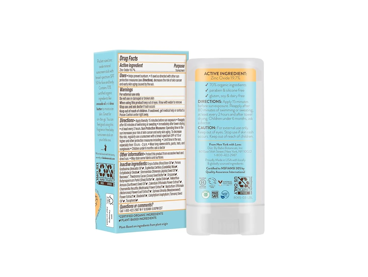 BABO Botanicals минеральный солнцезащитный стик для чувствительной кожи SPF 50 с 70% органических ингредиентов, цинк оксид, водостойкий, без отдушки, для малышей и детей 17.01 г (1 шт.), White — фото 2