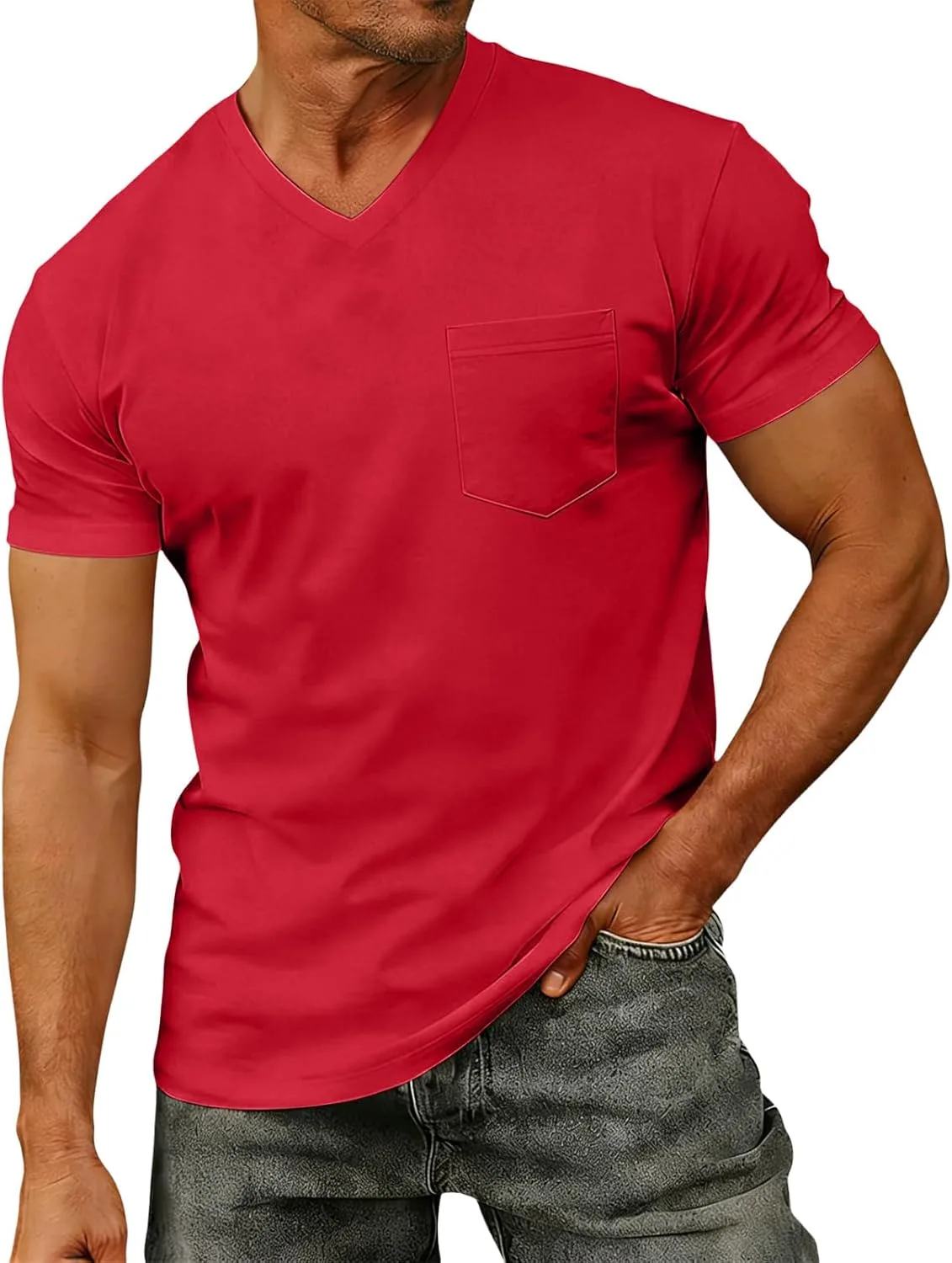 

Футболка для мужчин Summer Basic V-образный вырез с карманом lopmou