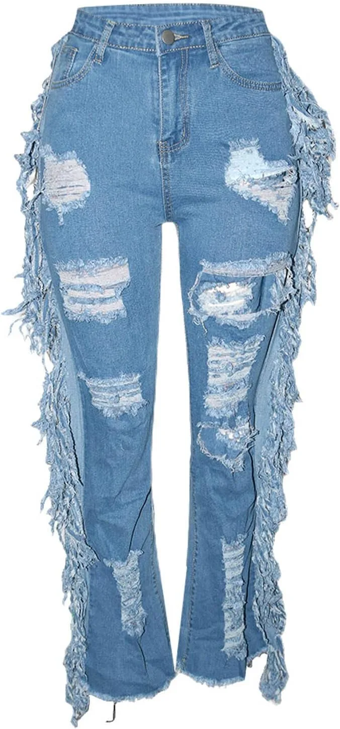

FZYLQY женские джинсы bell bottom с рваными дырами, distressed raw hem и бахромой
