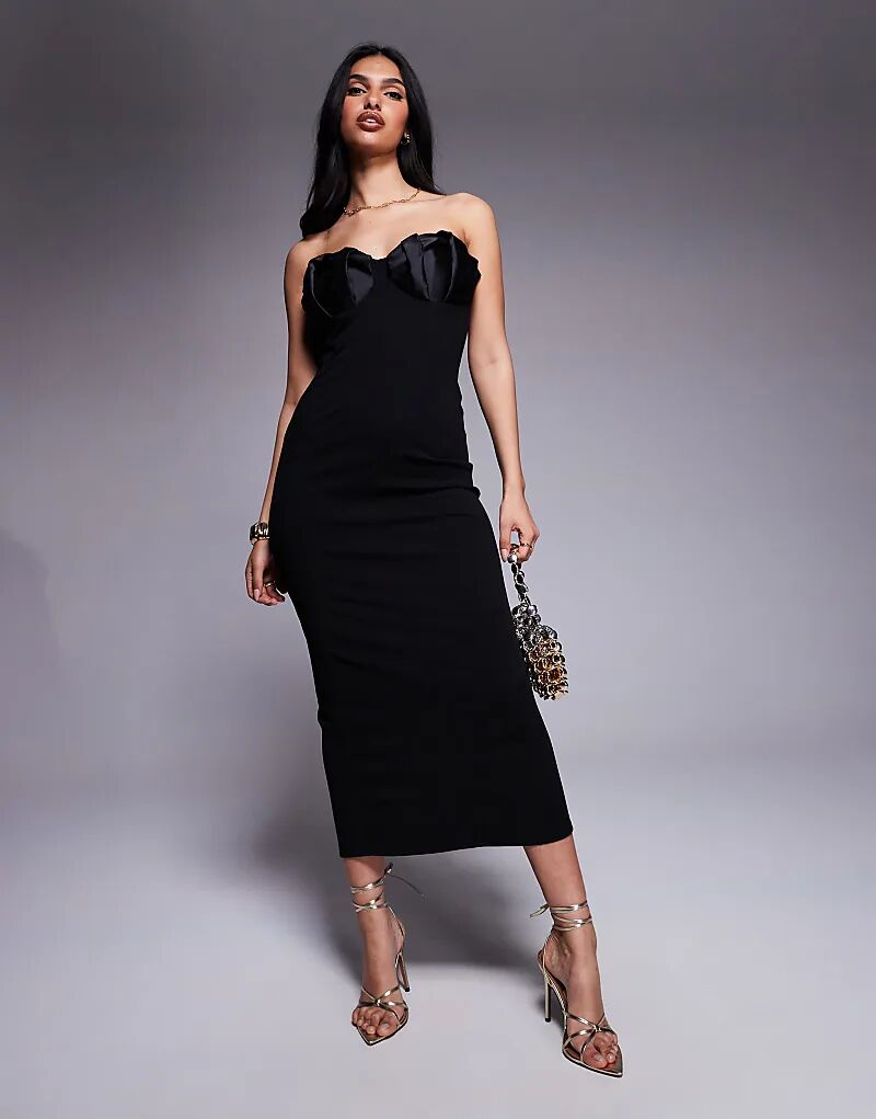 

Платье-бандо миди ASOS DESIGN с плиссированными чашечками на груди, черное, из ткани в стиле «скуба»