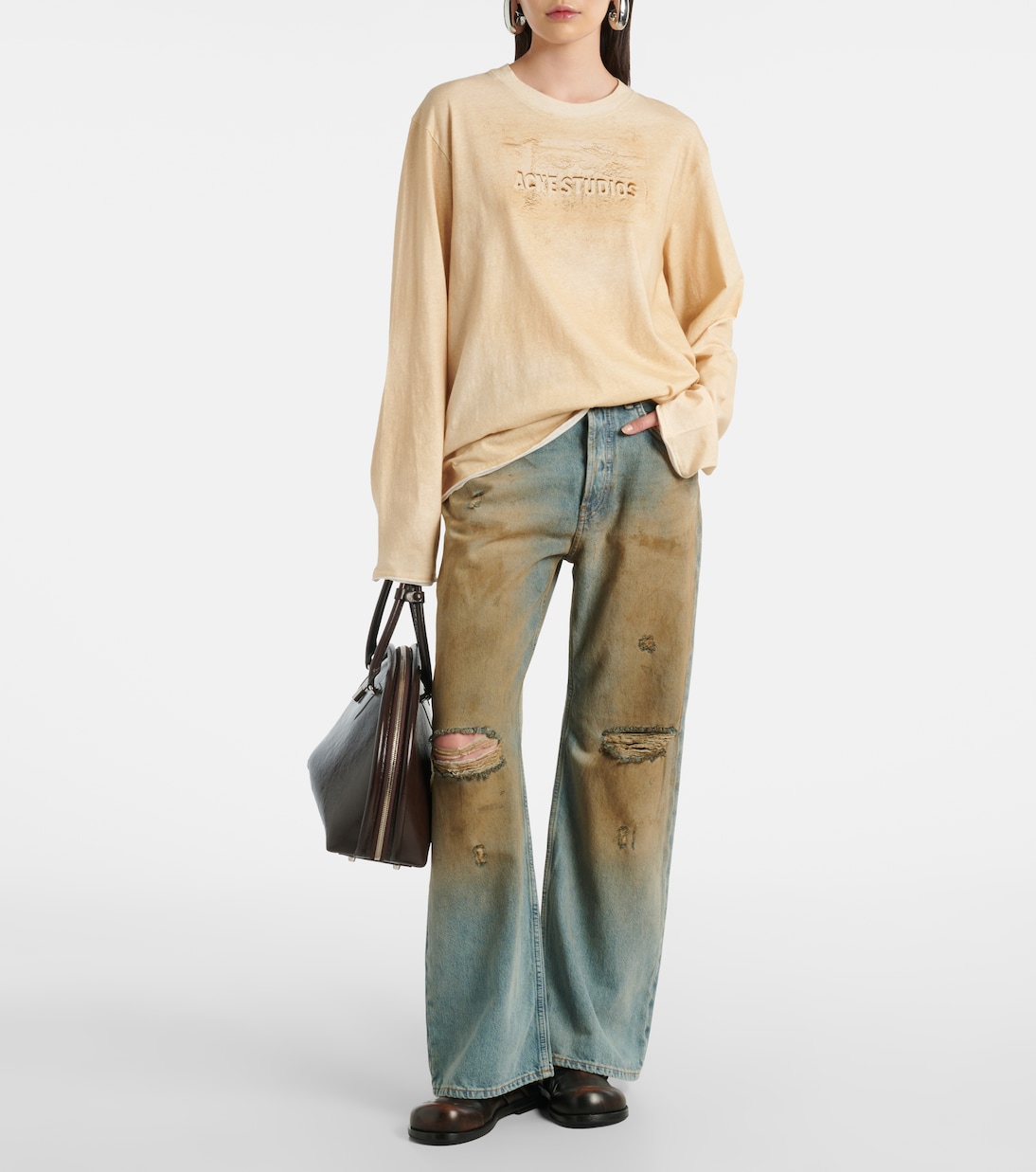 Футболка из хлопкового джерси с эффектом поношенности и логотипом Acne Studios, Sand Beige — фото 2