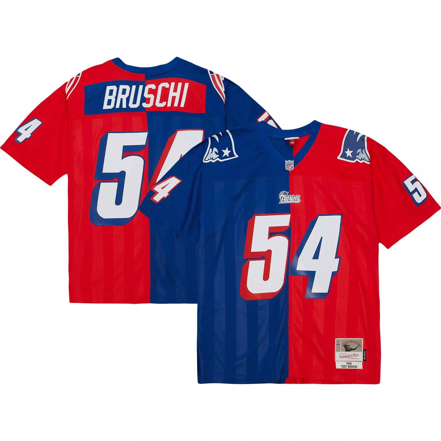 

Мужская футболка Mitchell & Ness Tedy Bruschi Royal/Red New England Patriots 1996 Split Legacy Replica Джерси