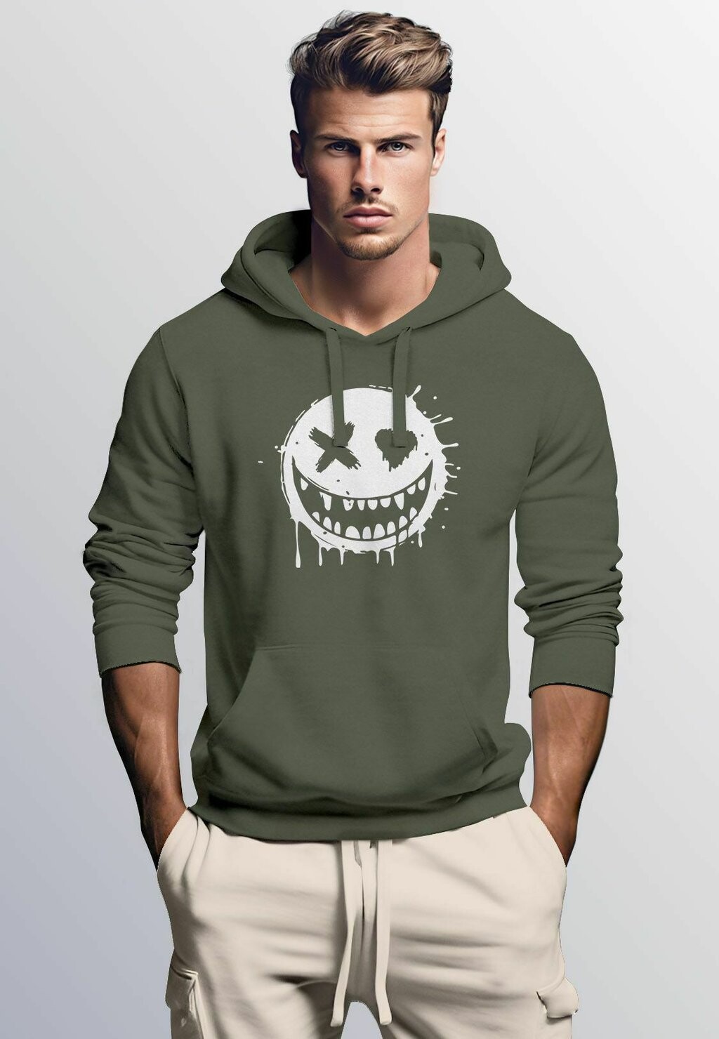 

Толстовка с капюшоном DRUCKMOTIV LÄCHELNDES DRIP-GESICHT MODE STREETSTYLE Neverless, хаки