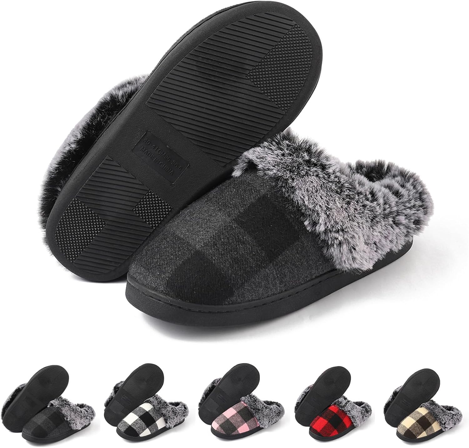 

Домашние тапочки Yueerlu для женщин и мужчин, женские клетчатые тапочки для дома, уютные тапочки с эффектом памяти, пледовые тапочки с пушистым искусственным мехом, удобные, нескользящие, теплые, мягкие для дома и улицы, серый