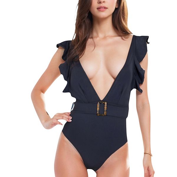 

Женский купальник с рюшами на плечах, глубоким вырезом и поясом Anna-Kaci, Black, Черный, Женский купальник с рюшами на плечах, глубоким вырезом и поясом Anna-Kaci, Black