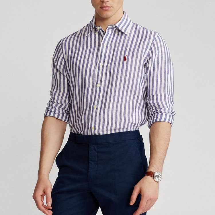 Полосатая льняная рубашка Polo Ralph Lauren, синяя — фото 3