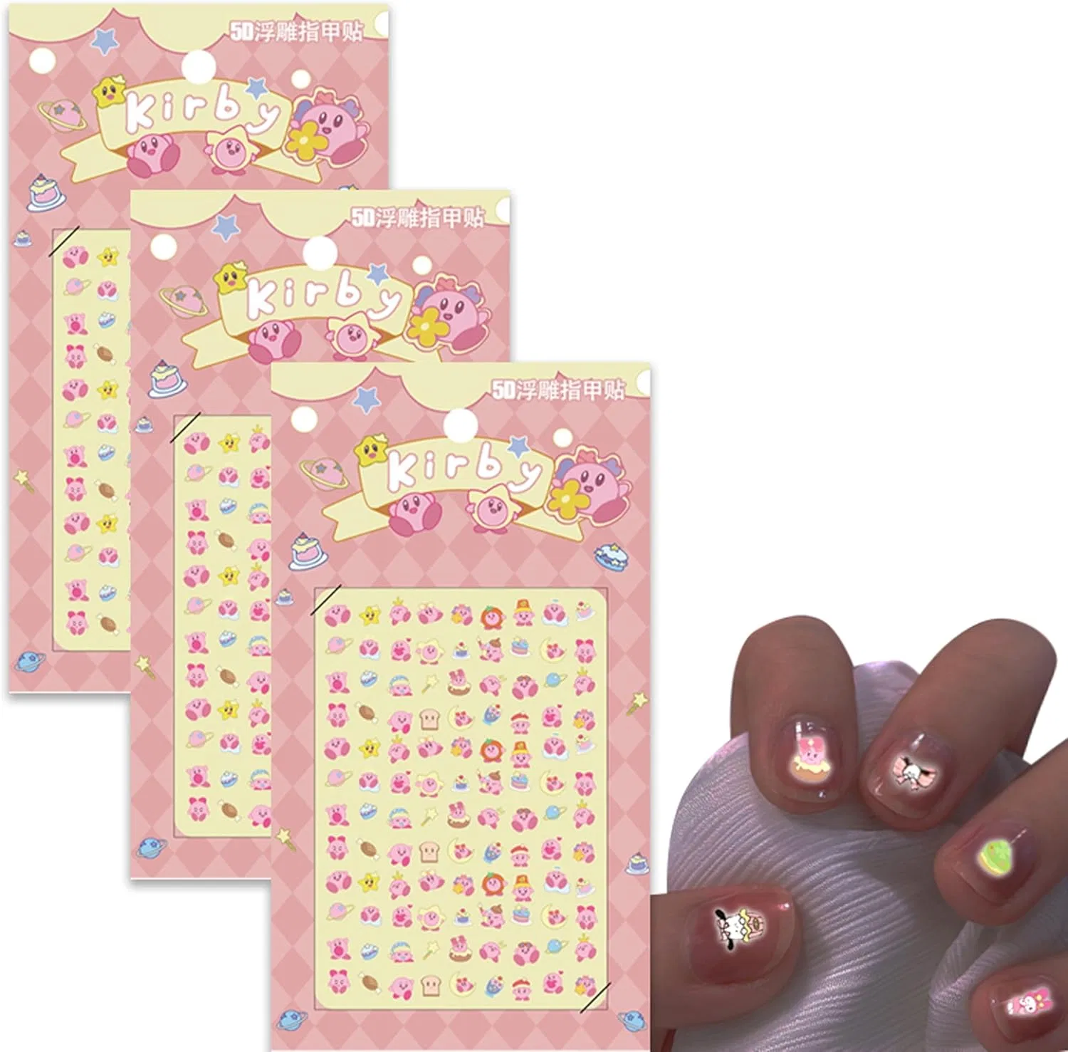 Светящиеся наклейки для ногтей Roffatide Kirby, 3 листа, 3D самоклеящиеся Roffatide, Kirby (Luminous)