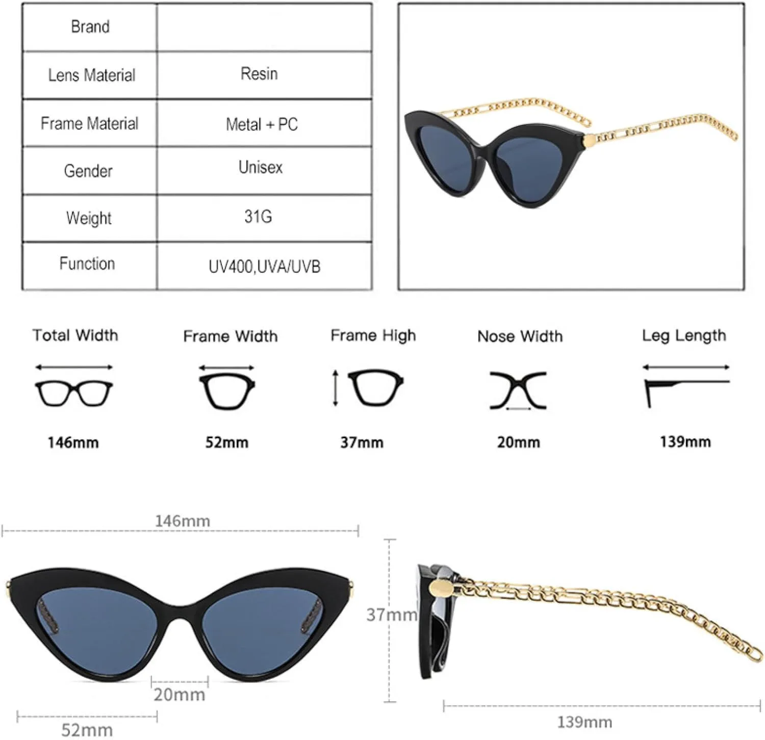 

Ретро-солнцезащитные очки «кошачий глаз» для женщин и мужчин, модные, с металлической цепочкой, защита от УФ-излучения, темно-зеленые VVTWSSW, Black Gray