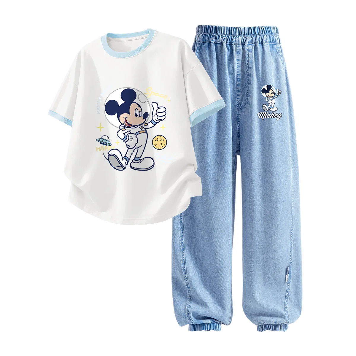 Детская повседневная спортивная футболка с круглым вырезом Disney, Universe Cream Blue+Astronaut K Denim Light Blue