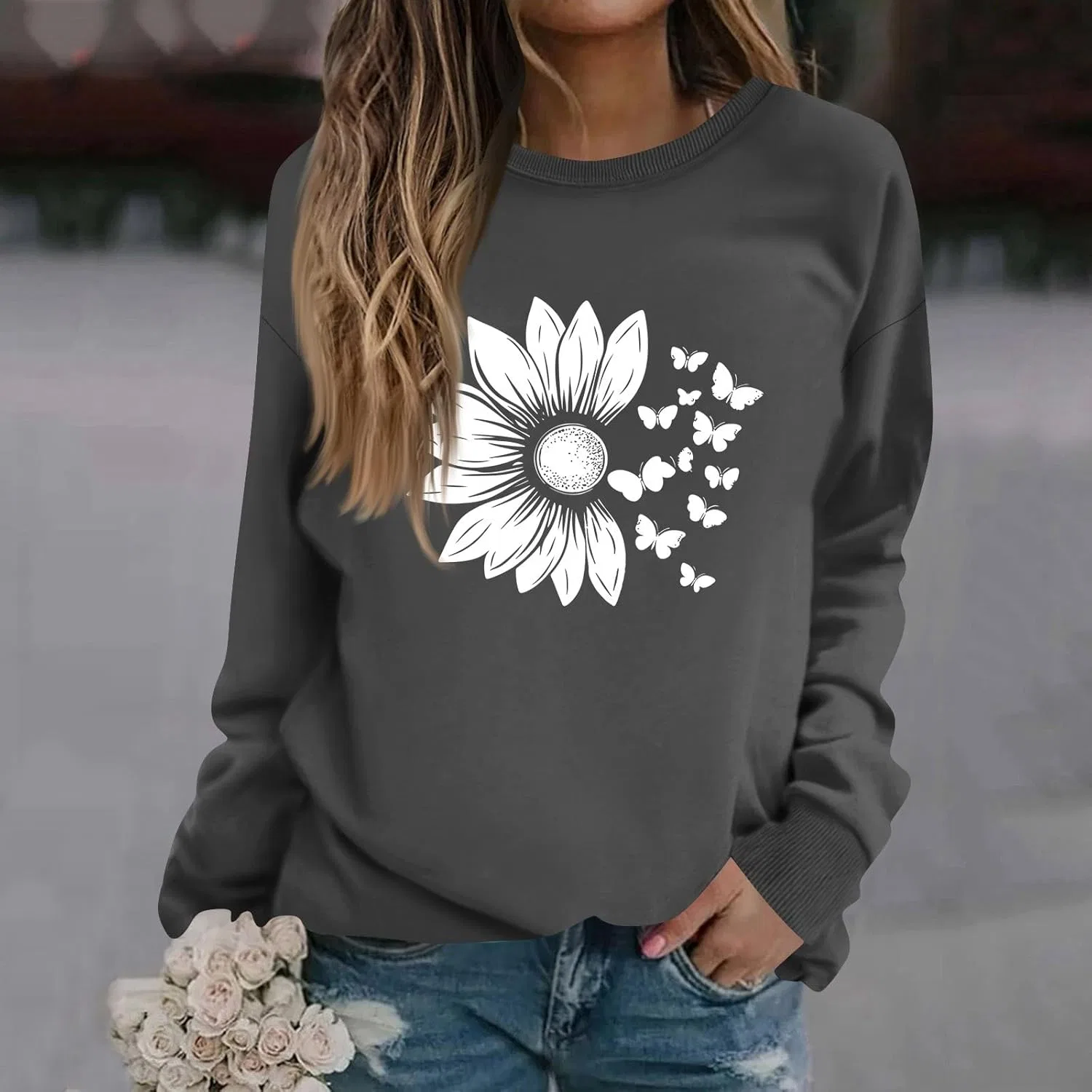 Женская толстовка с цветочным принтом, флисовая, 2-dark Gray — фото 3