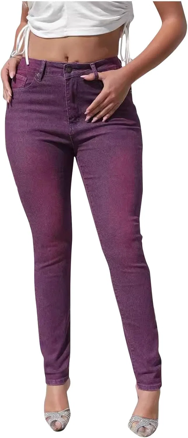 Джинсы для женщин, завышенная талия, Purple