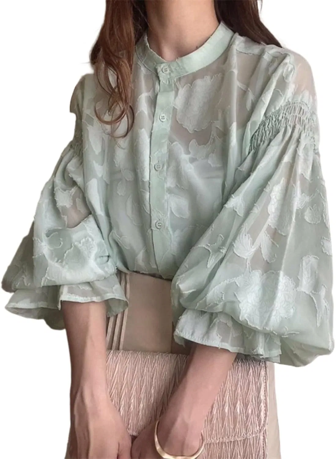 Блуза с цветочным жаккардом, рубашка с фонариком Sheer Shirt, светло-зеленый