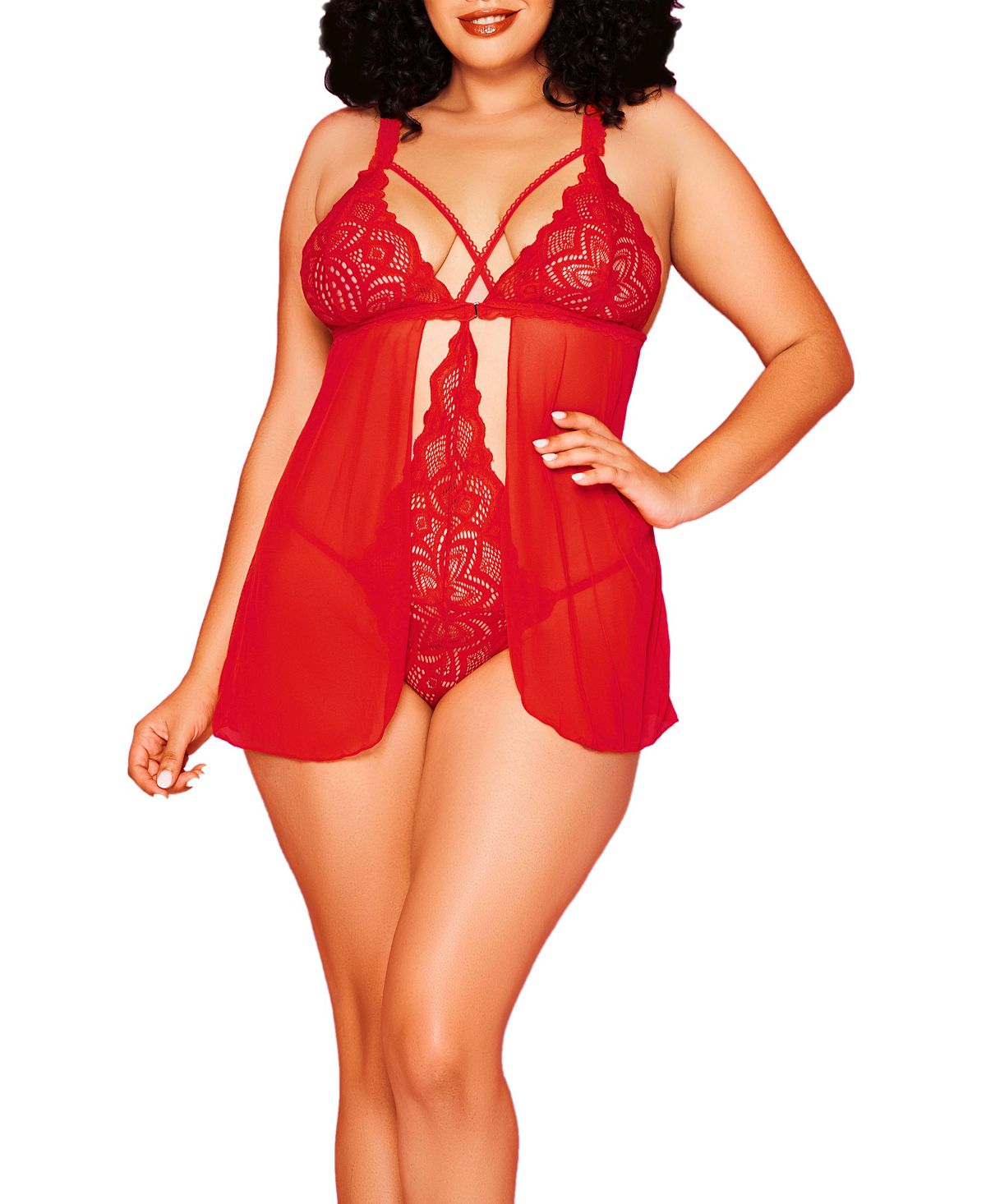 

Babydoll Stella Plus Size из кружева галлона и сетки с мягкой чашкой, боди с застежкой внутри и отстегивающейся передней частью Hauty, красный