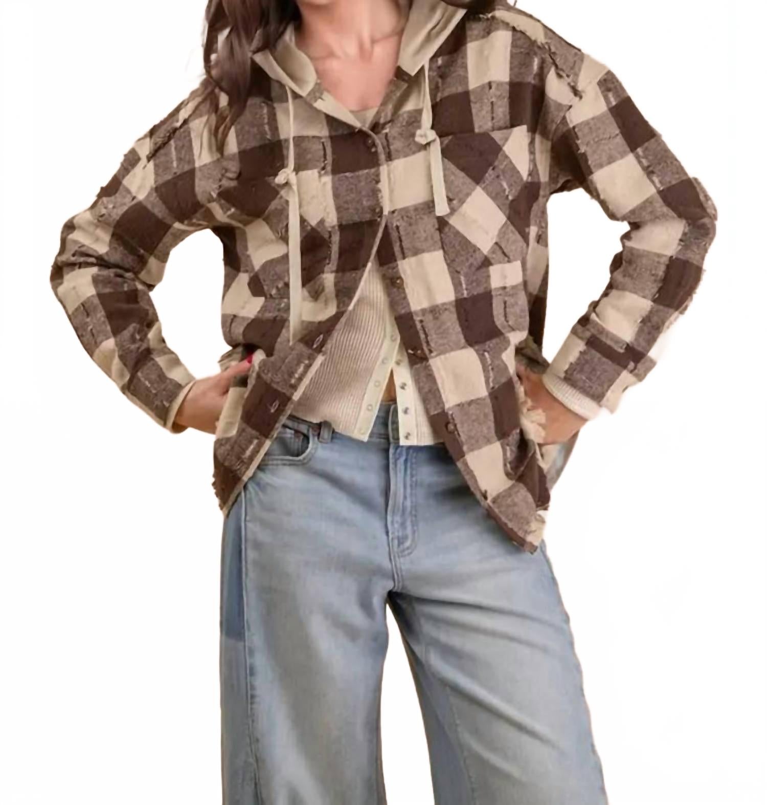 

VERY J Фланелевая куртка с капюшоном в клетку "Каньон" коричневого цвета