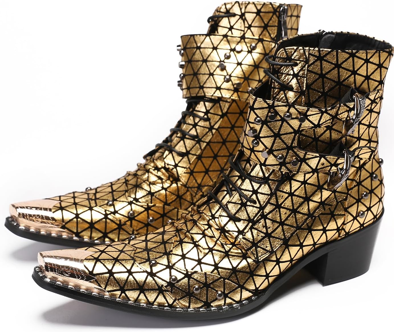 

Мужские ковбойские сапоги Santimon из натуральной кожи - западные праздничные сапоги с металлическим носком и пряжками, Сапоги до середины голени для вечеринок, рок- и мотоциклетные сапоги, золотой