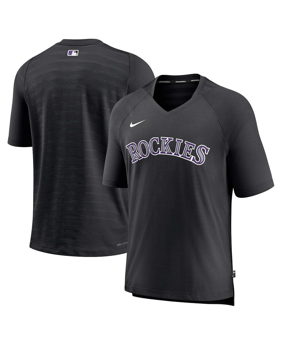Мужская черная футболка Colorado Rockies Authentic Collection Pregame Raglan Performance с v-образным вырезом Nike — фото 2