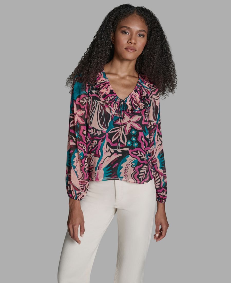 

Женская блузка с длинными рукавами и оборками BCBG, Black/Bordeaux Bliss Multi