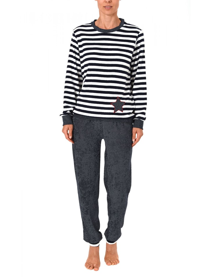 

NORMANN Пижама из махровой ткани с длинными рукавами и манжетами, в горошек и полоску, темно-синего цвета