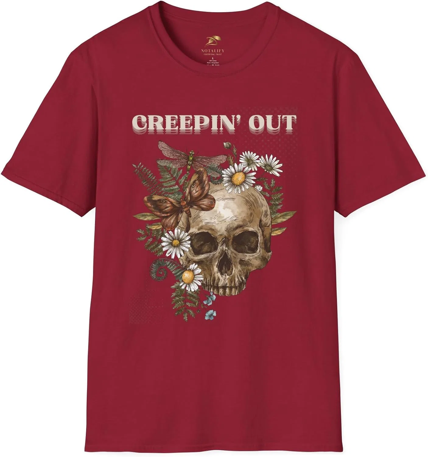 NOTALIFY Футболка с черепом на Хэллоуин "Creepin' Out" | Винтажная готическая футболка с цветочным принтом | Жуткий осенний наряд для взрослых и подростков