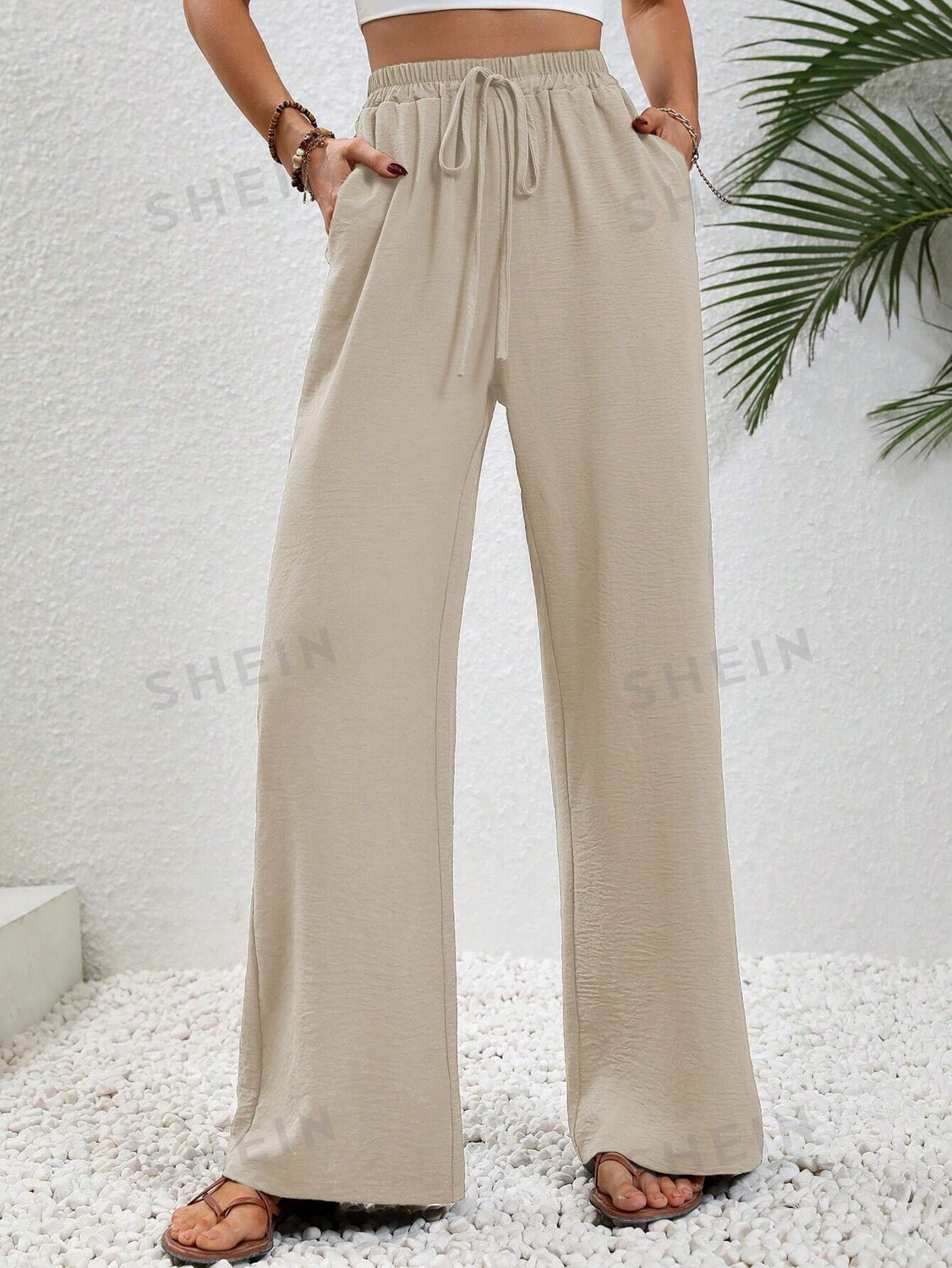 

Брюки длинные женские Shein Lune с завышенной талией, абрикосовый
