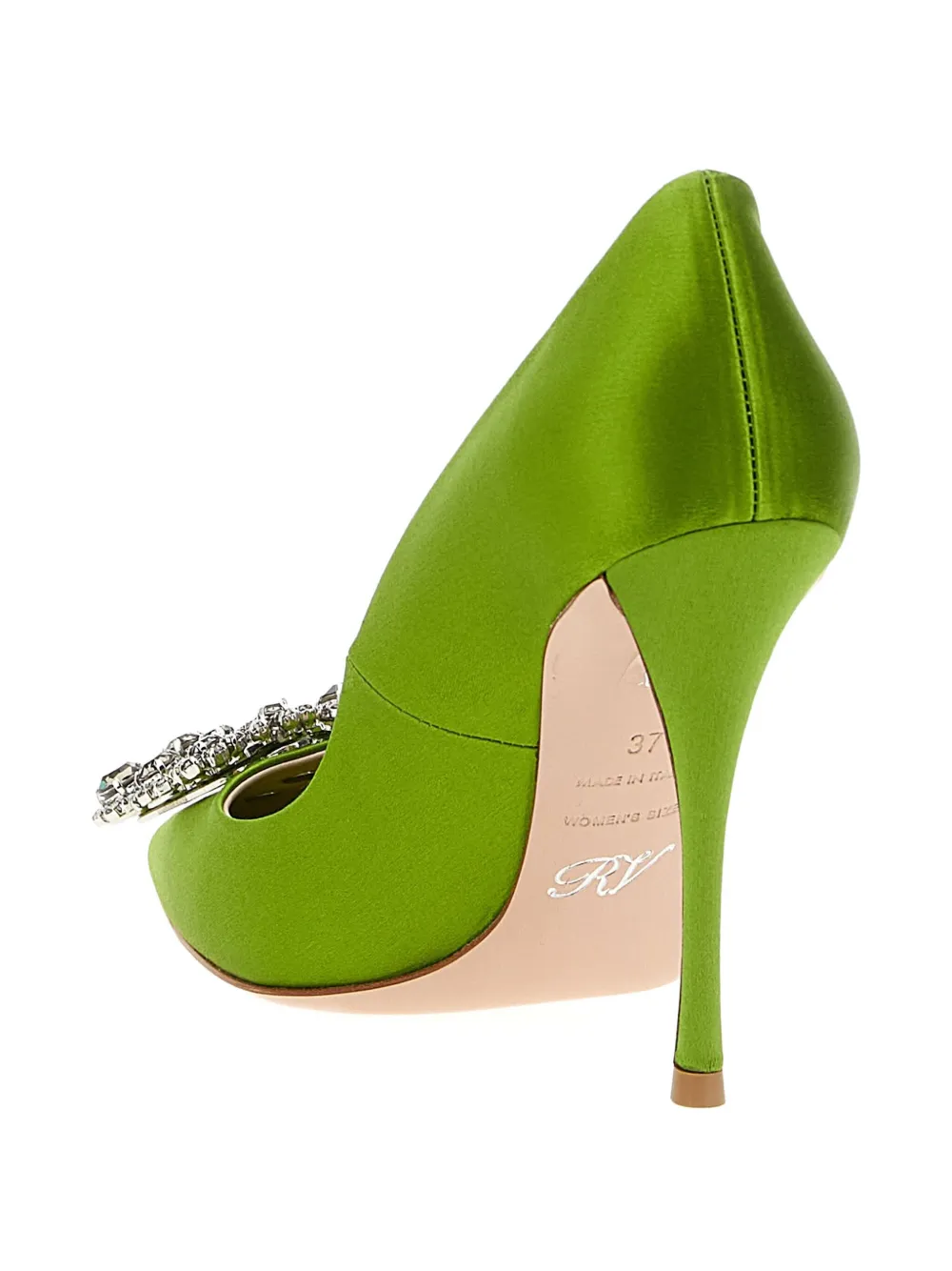 Туфли на каблуке 100 мм с цветочным принтом и стразами Roger Vivier, зеленый — фото 4