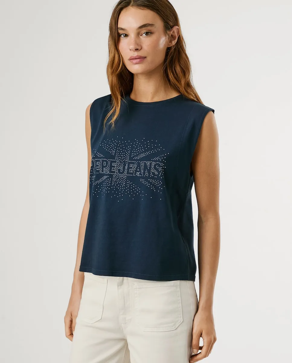 

Женская майка без рукавов с логотипом из заклепок Pepe Jeans, темно-синий