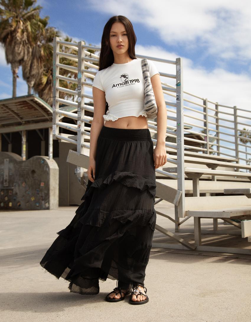

Юбка макси с оборками Bershka, черный