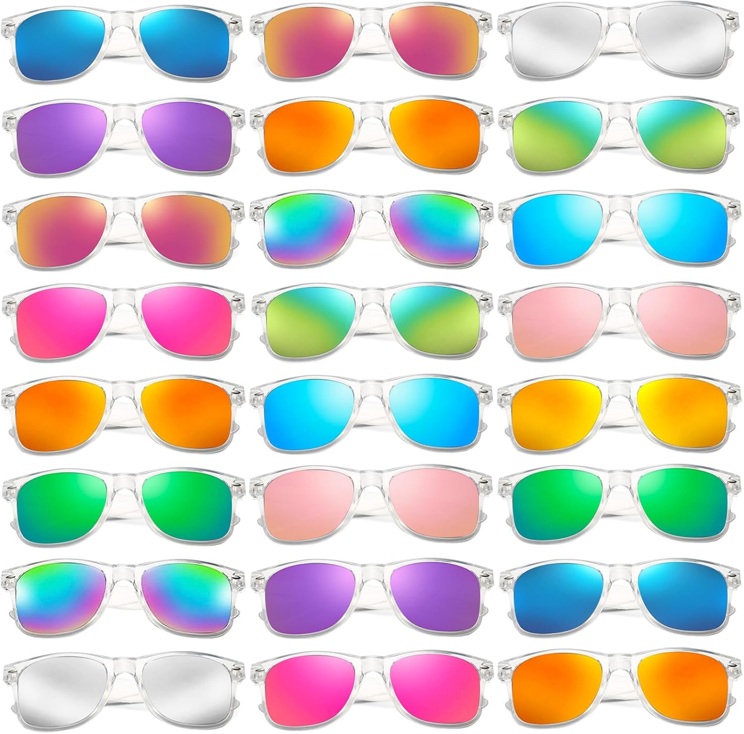 

Набор из 12/24 неоновых солнцезащитных очков с классическими зеркальными линзами для мужчин и женщин, оптом, для дня рождения, пляжа, бассейна, вечеринки SUNOVELTIES, 24 Clear Trans Frame