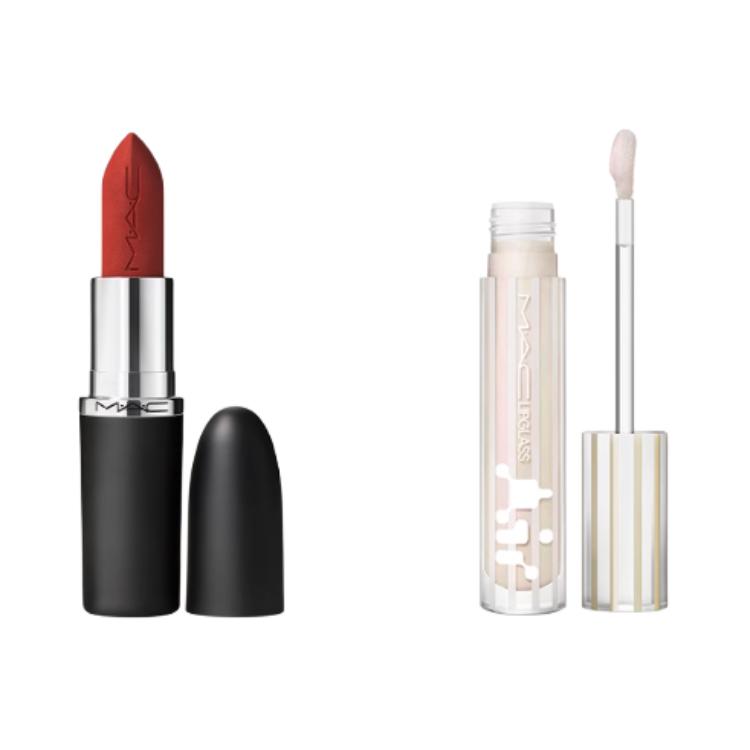 

Зеркальный глянцевый блеск для губ с матовым финишем в форме стика набор для макияжа легко растушевывается 3,5 г+5 мл MAC, two-piece set: #602 spicy red lipstick+#221 diamond light liquid lipstick