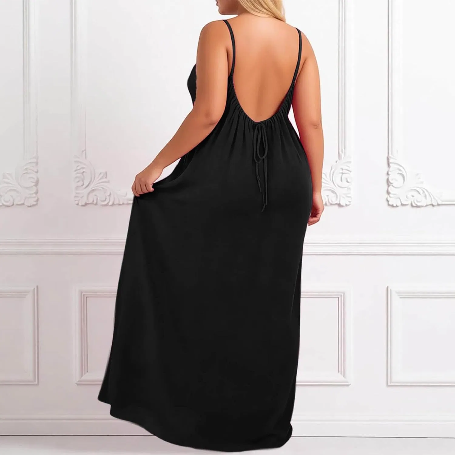 Платье-ками Backless для женщин Plus Size, без рукавов, домашнее, длинное, с завязкой на спине Generic, черный — фото 2