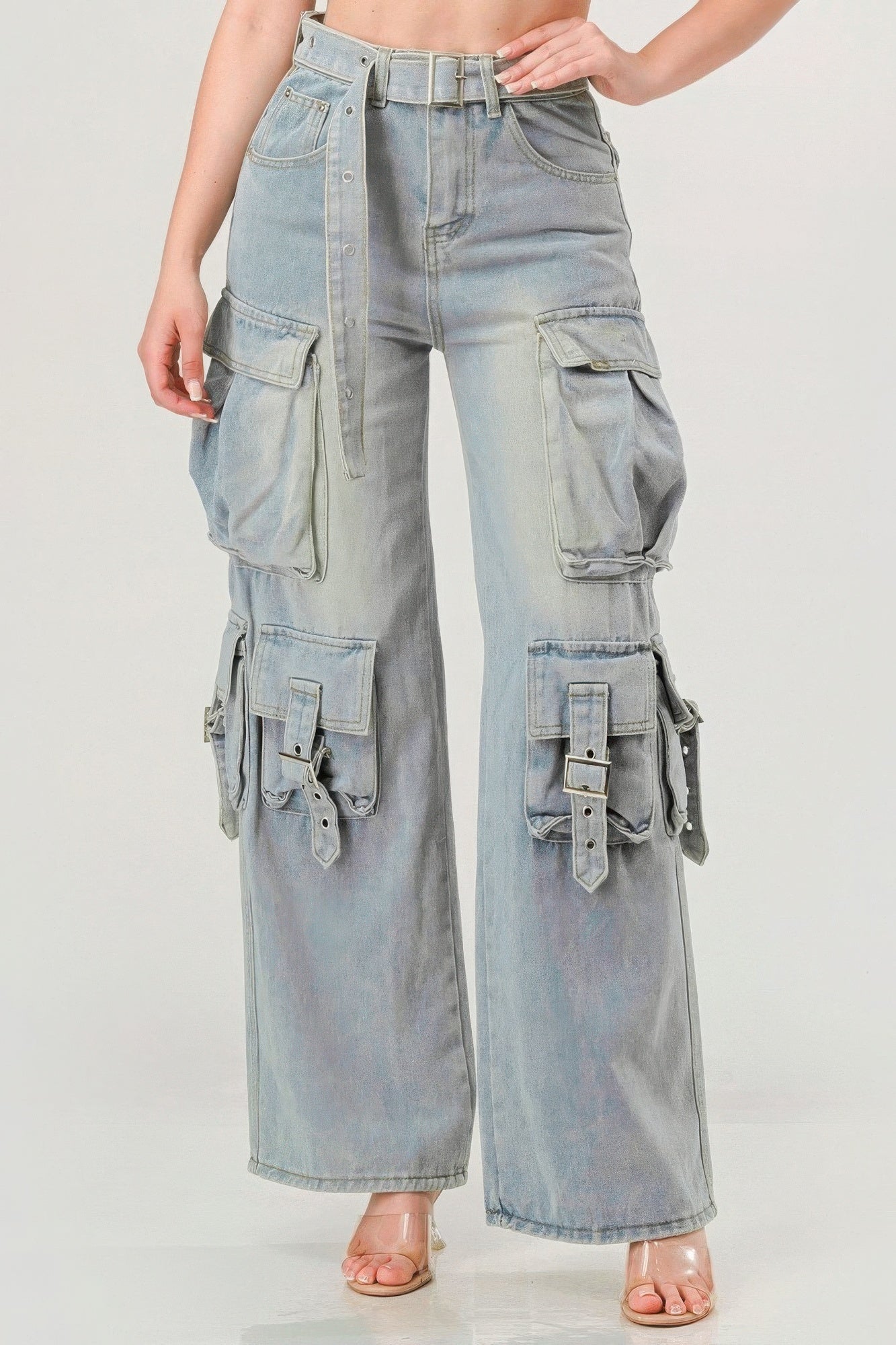 

FASHNZFAB Джинсы-карго с поясом из денима, цвет denim