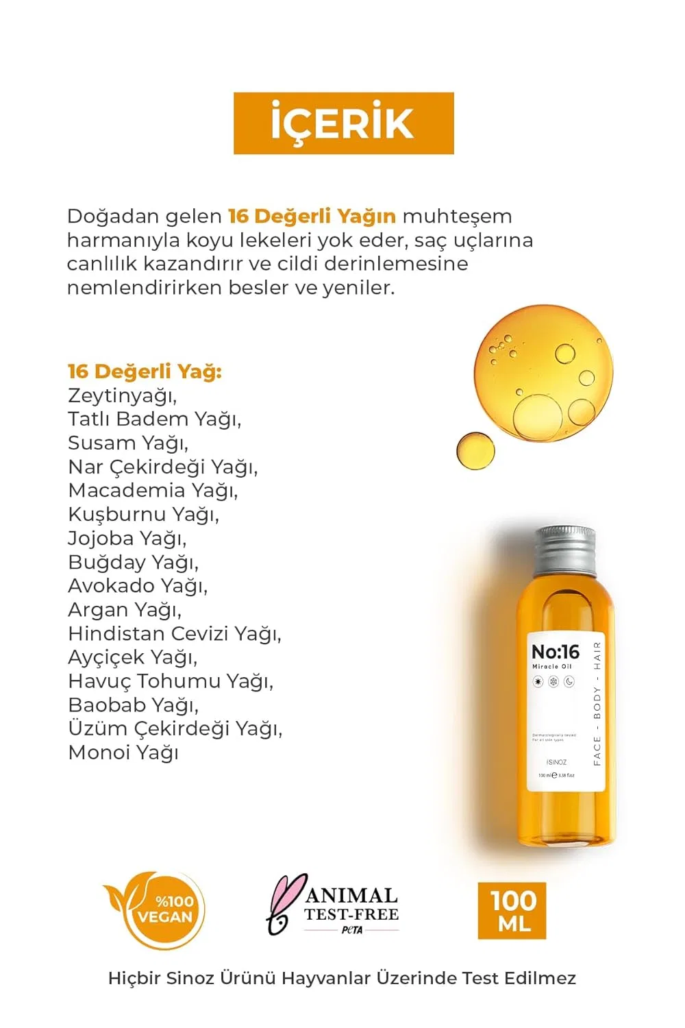 Многофункциональное масло No:16 Miracle Oil для лица, тела и волос от SİNOZ, 100 мл Sinoz — фото 3