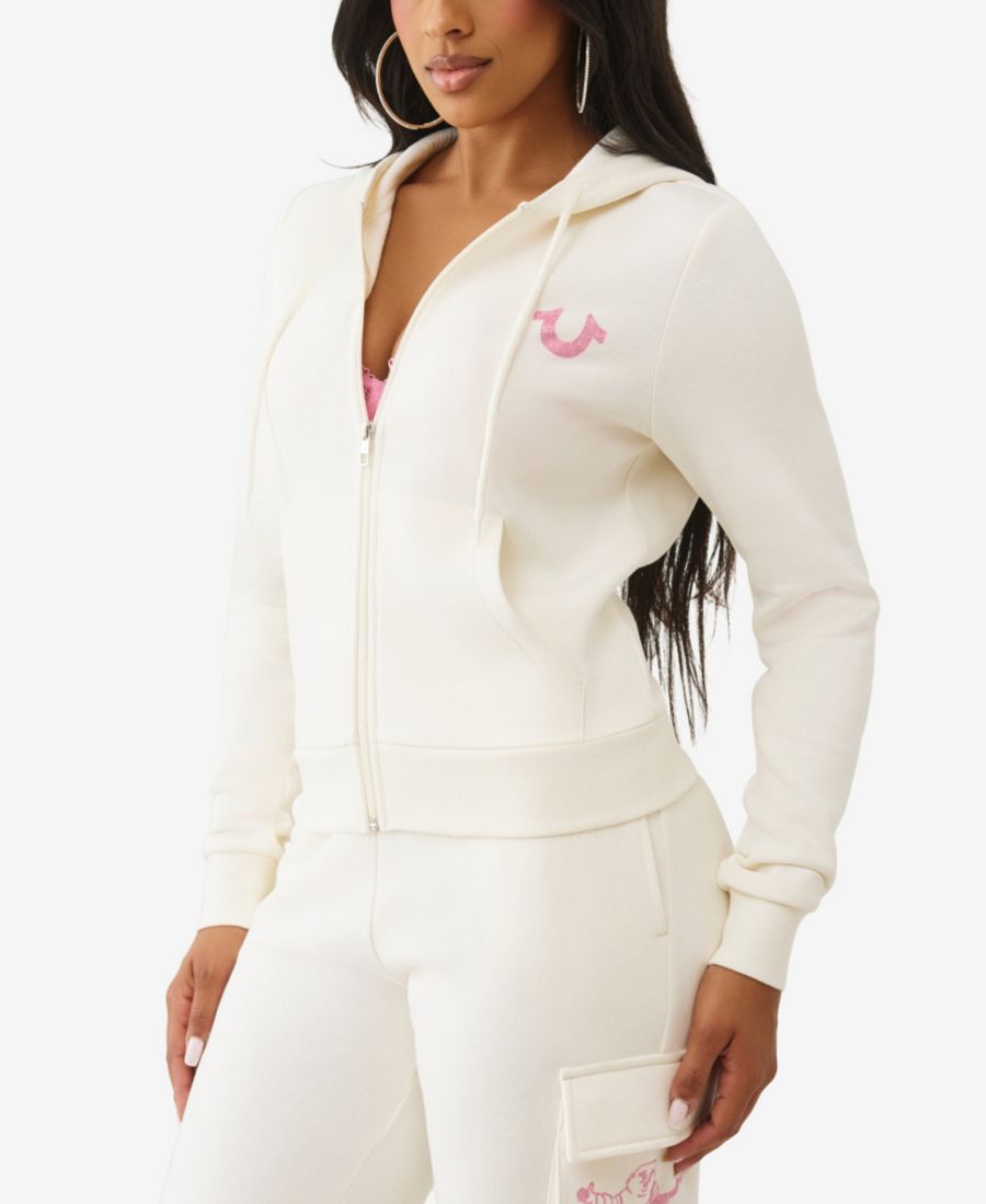 Женская толстовка на молнии с металлическим баннером Будды True Religion, White — фото 2