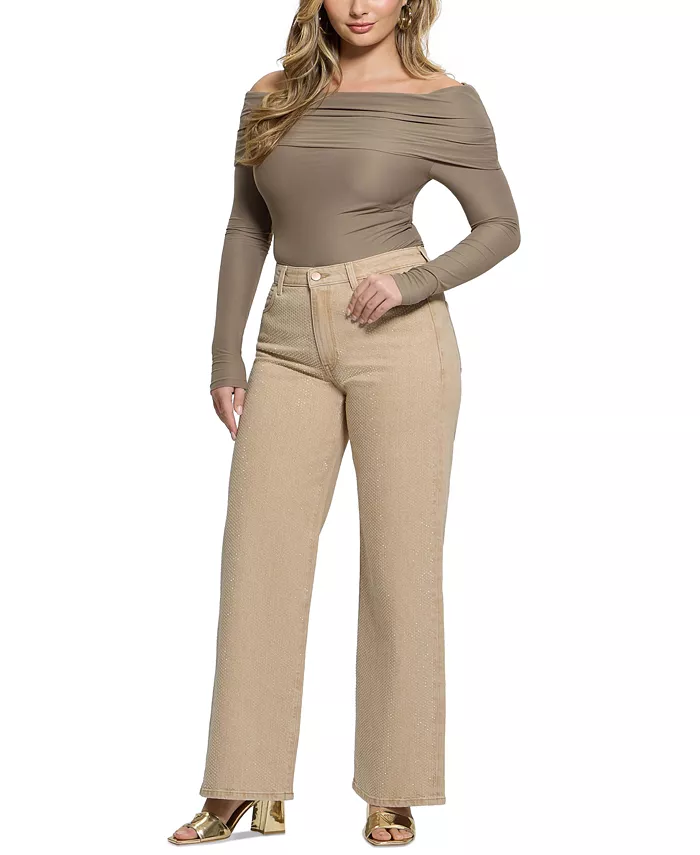 

Женские джинсы с пайетками на весну Wide-Leg GUESS, коричневый/бежевый