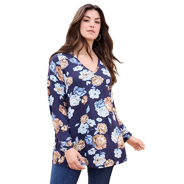 

Женская туника с V-образным вырезом plus size Roaman'S, Navy Rose Garden