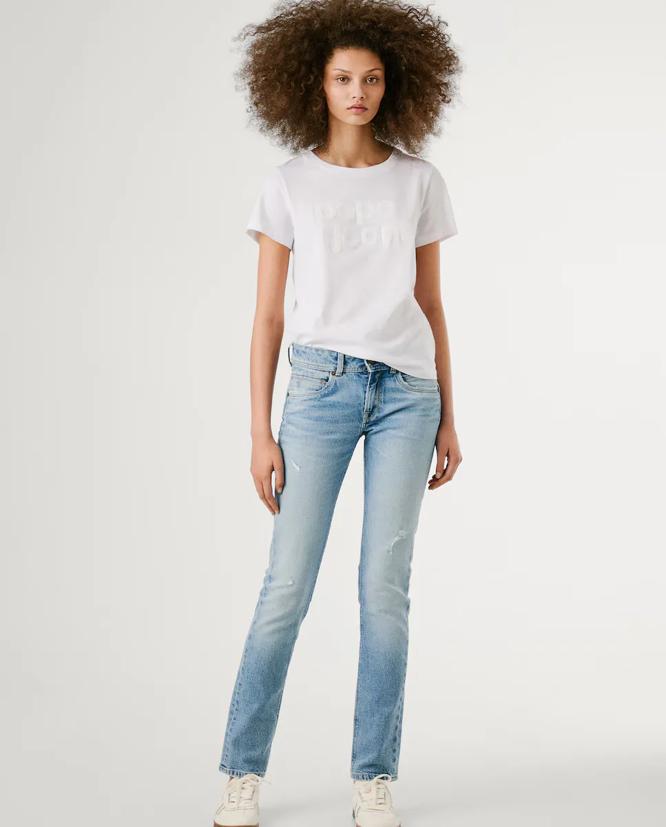 

Женские прямые джинсы с низкой посадкой и рваными деталями Pepe Jeans, синий