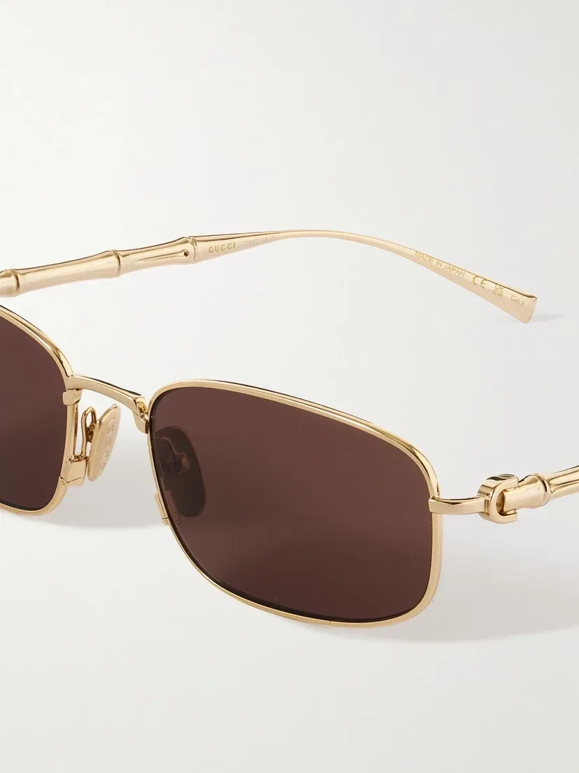 Золотистые солнцезащитные очки Gucci Eyewear Bamboo прямоугольной формы, золотой — фото 4