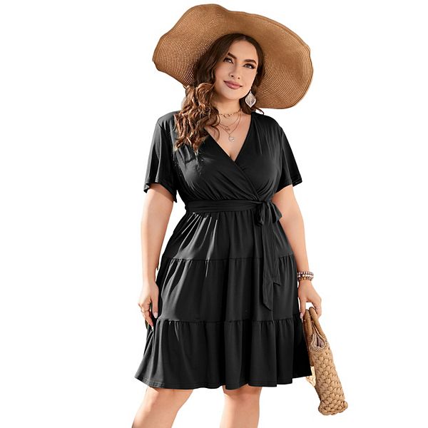 

Женское платье плюс сайз с v-образным вырезом и поясом Kojooin, Black