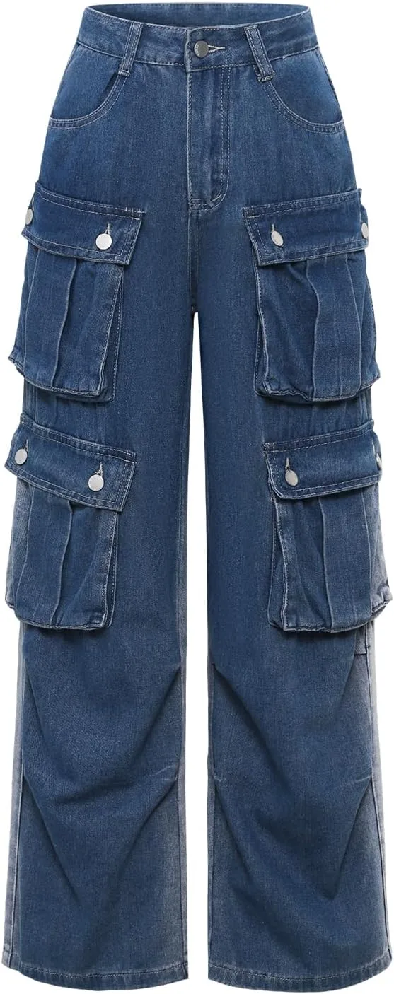Женские брюки с высокой талией Casual Baggy Stretchy Wide Leg Y2K Streetwear с 8 карманами