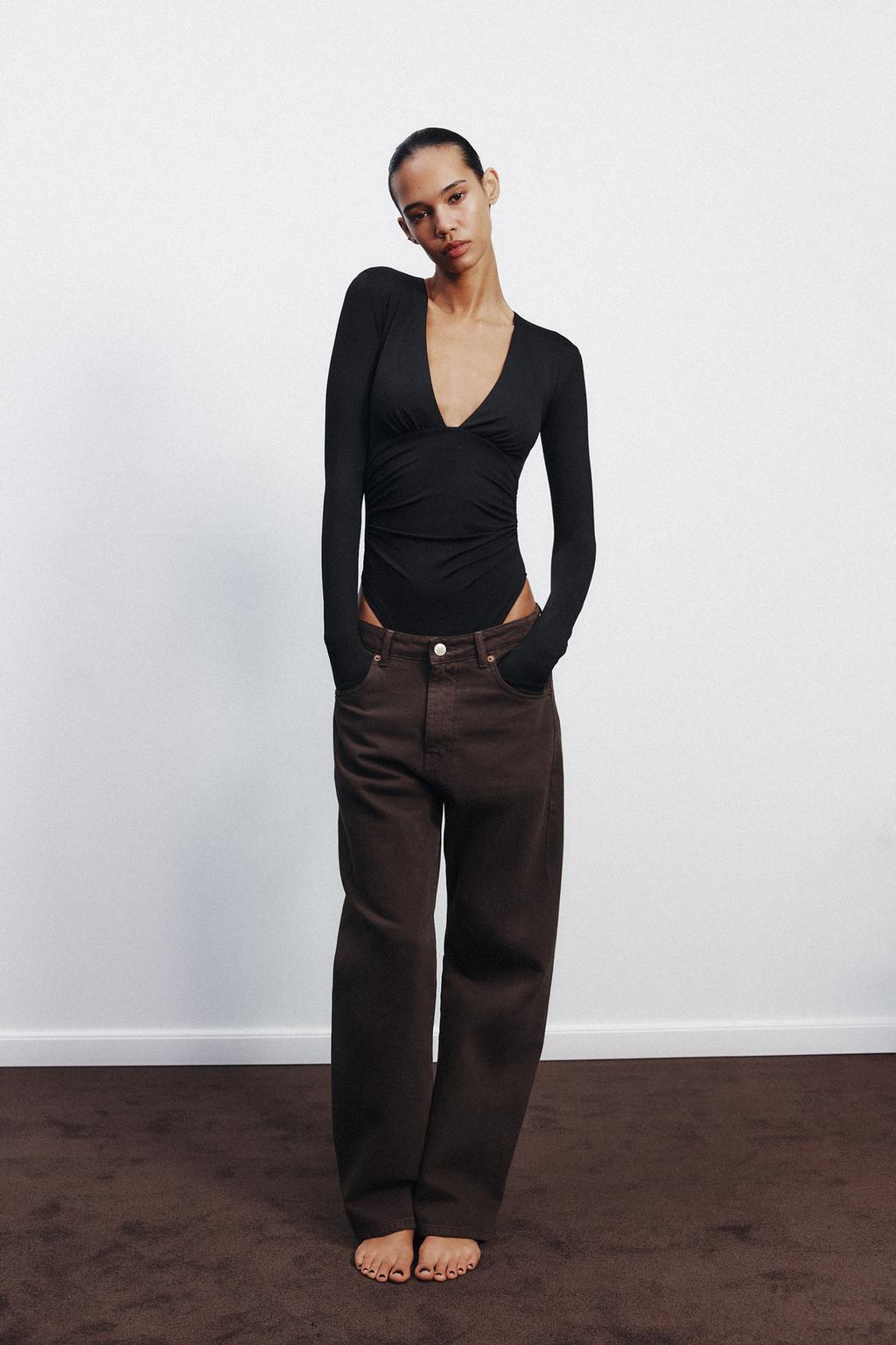 

Присборенное полиамидное боди ZARA, черный