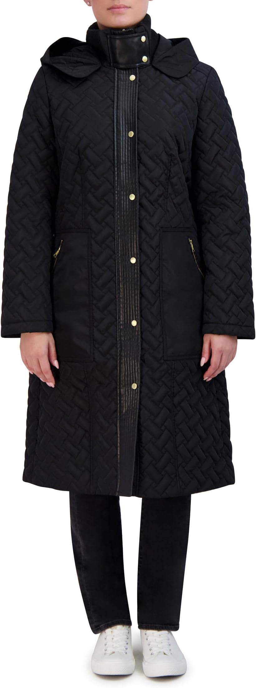

Пальто Cole Haan Signature Quilt Hooded Long Coat with Belt, черный