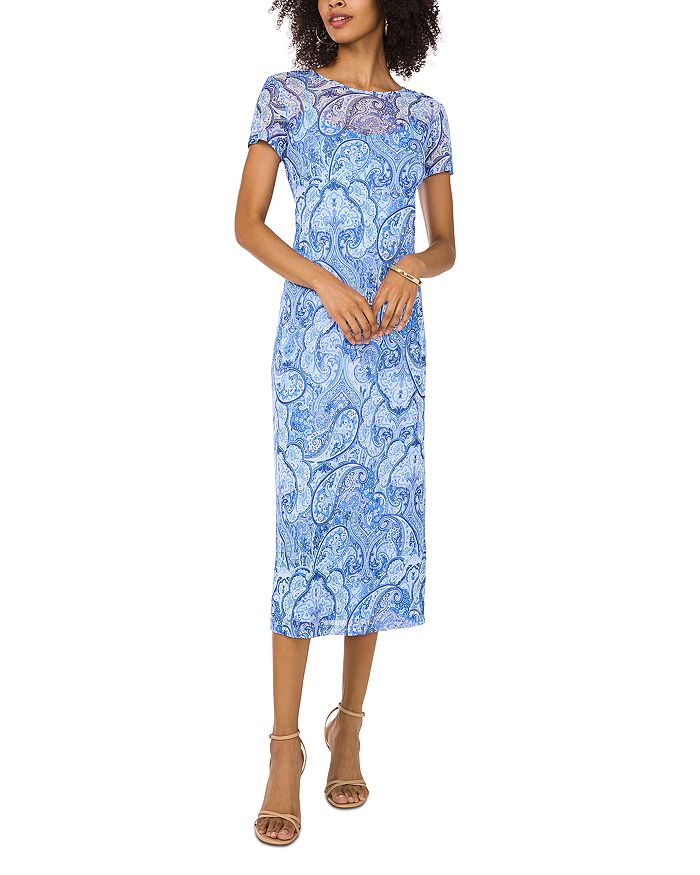 

Платье-миди с короткими рукавами и сеткой VINCE CAMUTO, синий