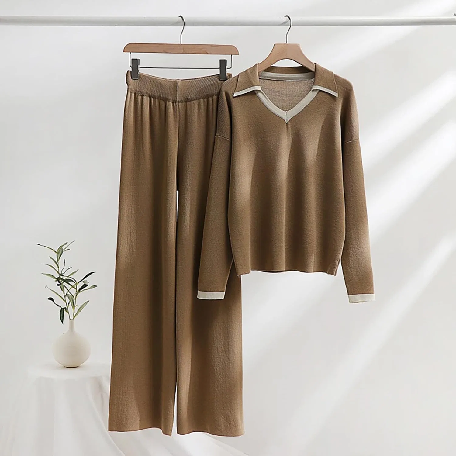 Женский спортивный костюм из рибаны, длинный рукав, свободные брюки, A06_khaki — фото 3