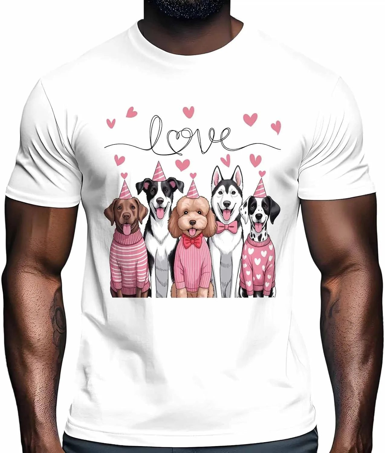 

Футболка для мужчин Cute Dog Pink Love Hearts, Crew Neck, короткий рукав, Valentine's Day NITBANLA